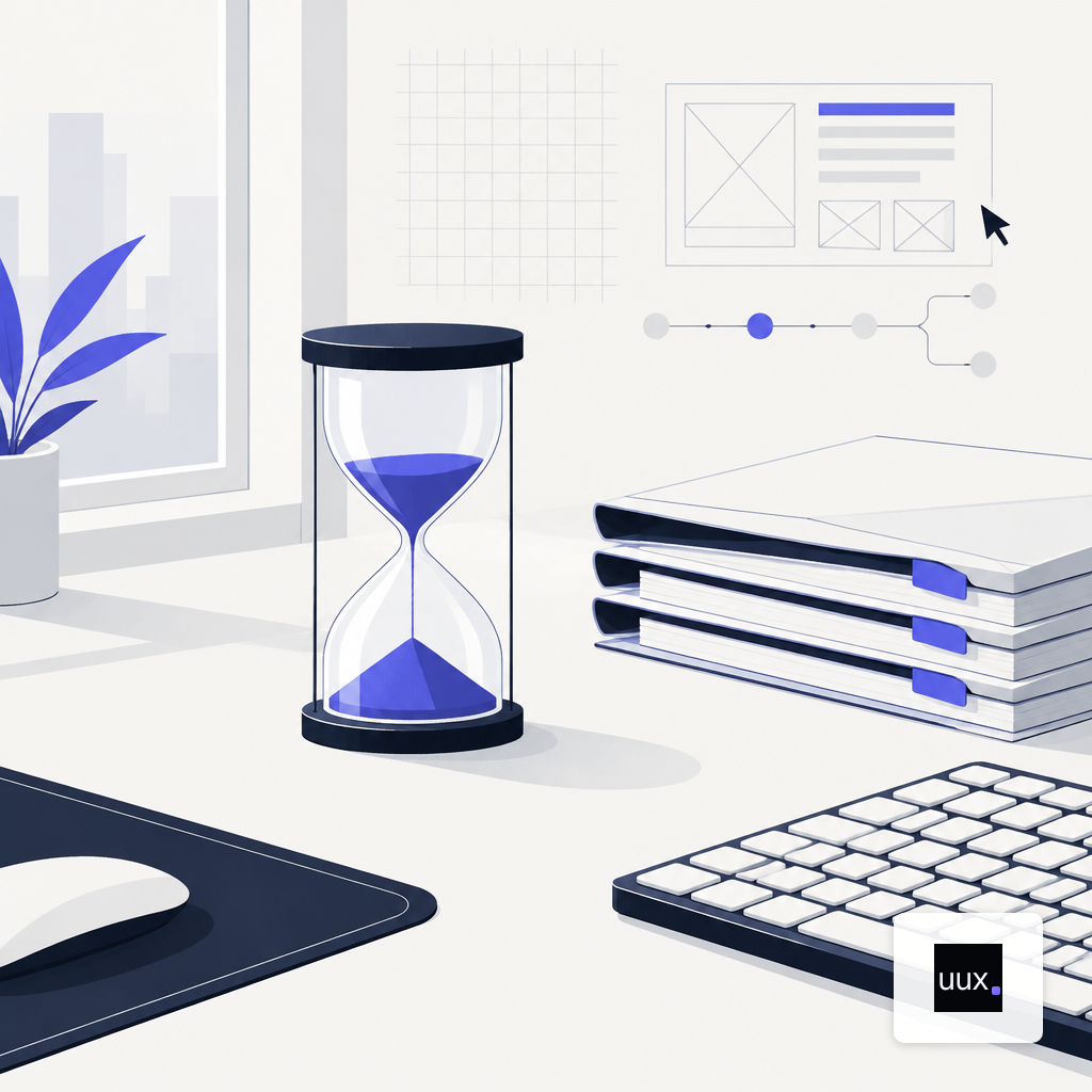 Hourglass next to a keyboard and unopened design files, suggesting engineer time waiting on design.