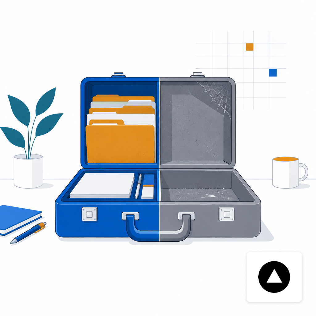 A briefcase opened on a desk with one half organized with folders and the other half empty.
