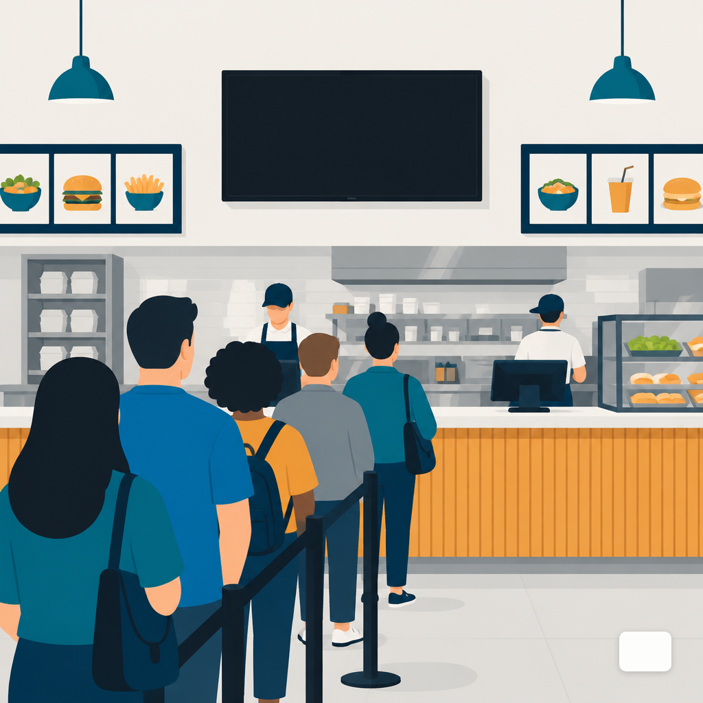 A blank TV above a counter during a busy lunch service.