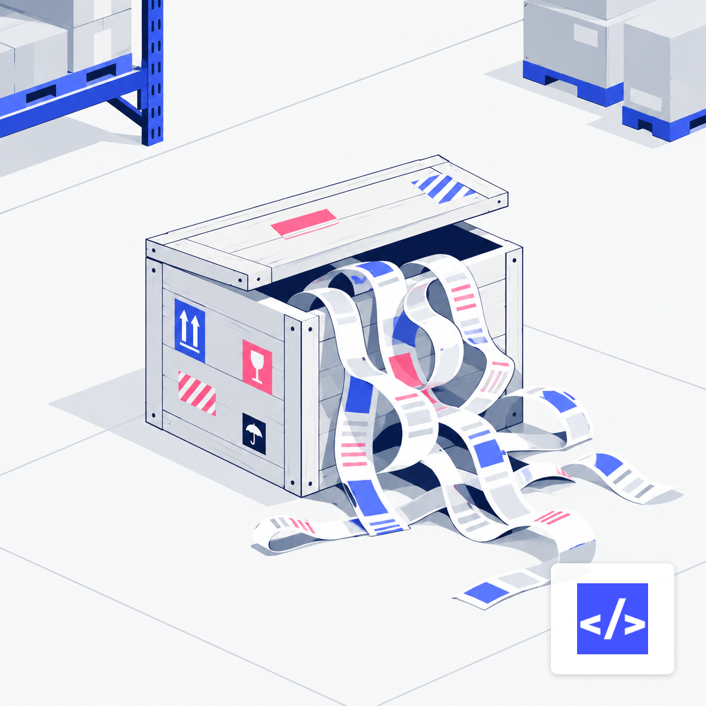 A half-open wooden crate on a warehouse floor with tangled paper ribbons spilling out