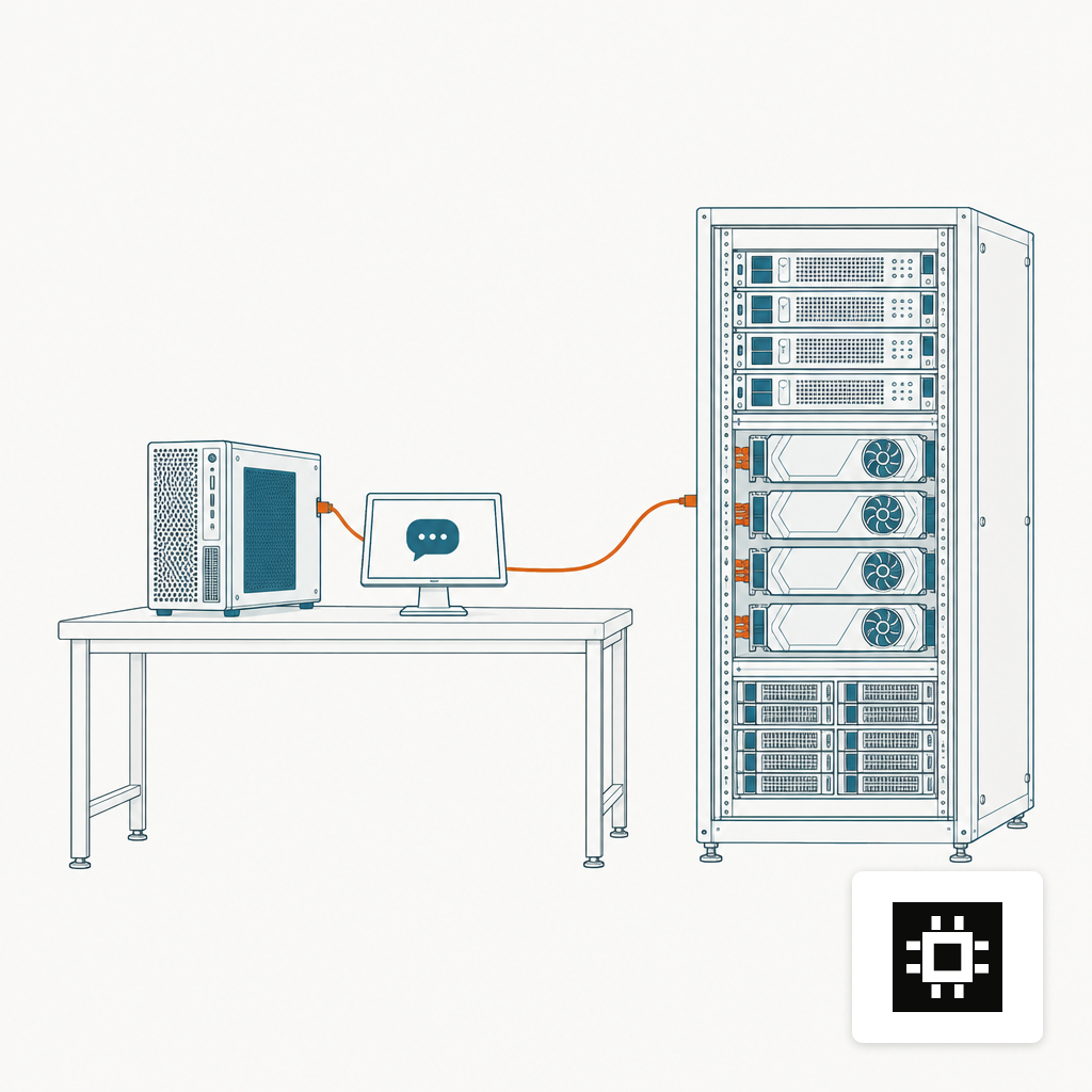 Developer workstation and rack server on a workbench connected by one cable, with a chat icon on a small screen.