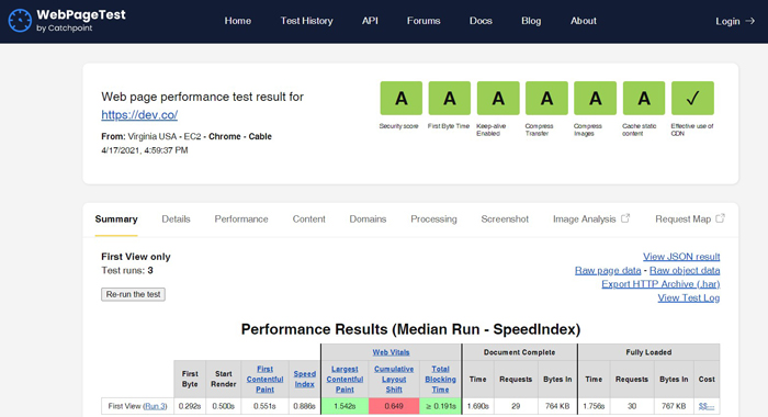 WebpageTest Results
