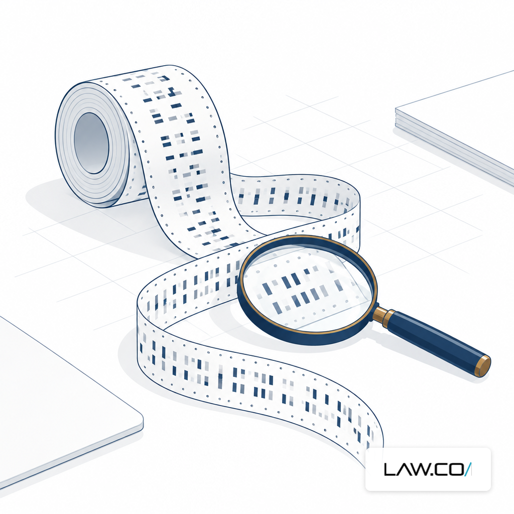 Stenotype paper tape and magnifying glass symbolizing an auditable record.
