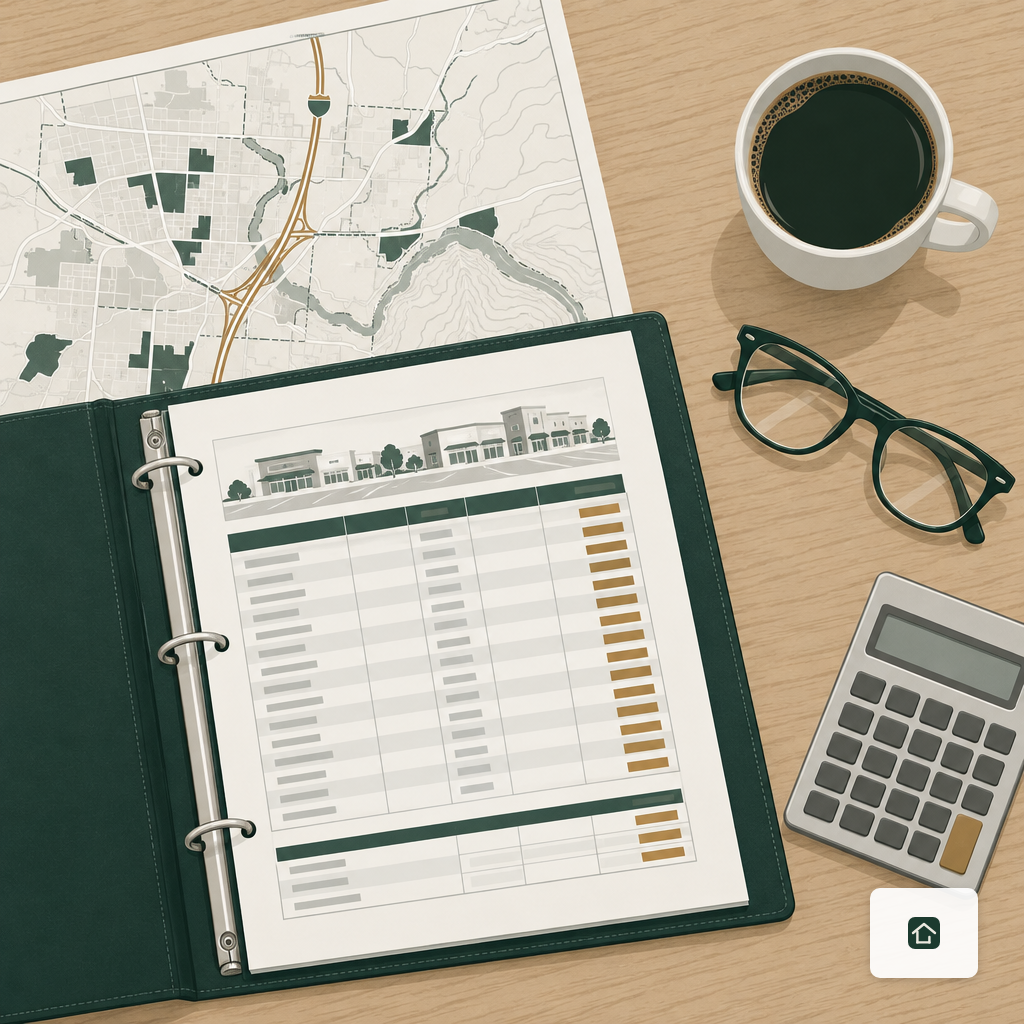 A desk with a commercial rent roll binder, calculator and NWA submarket map