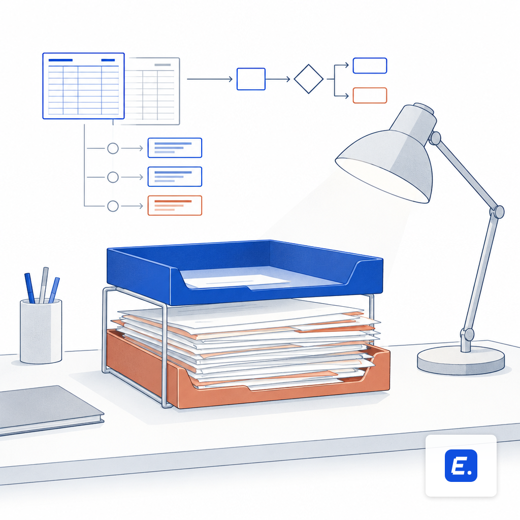 A desk at month end with a near-empty auto-posted tray and an overflowing review queue tray.