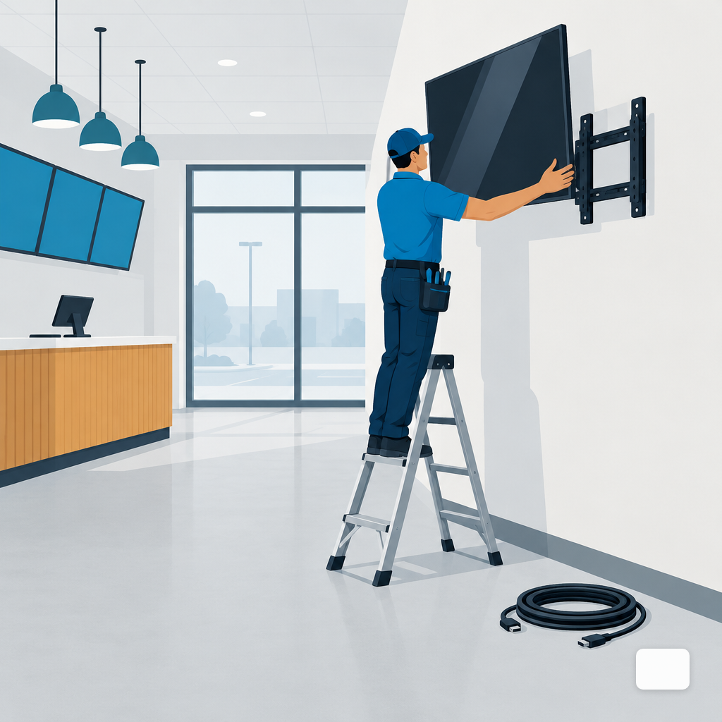 A technician installing a large flat panel display on a wall mount in an empty retail space