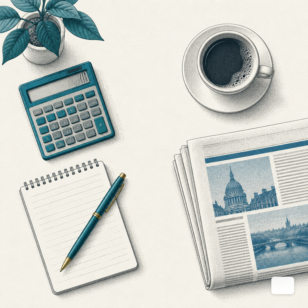 Overhead view of a desk with a calculator, notepad, coffee and a folded newspaper, suggesting PR cost planning.